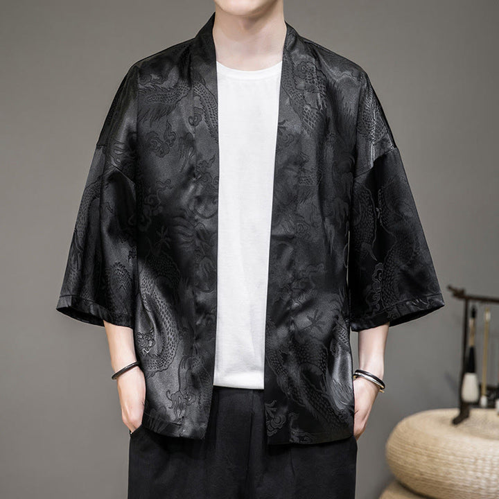 Buddha Stones Veste ouverte du dragon chinois Kimono pour hommes - Noir (haut seulement) - US/UK/AU46，EU56 (5XL)  - image 6