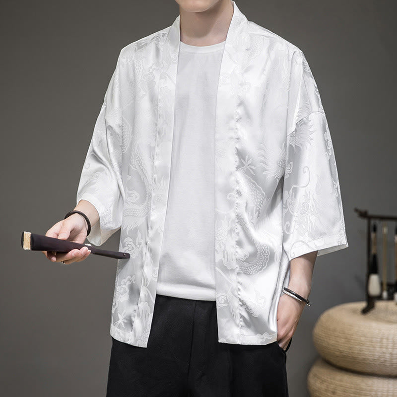 Buddha Stones Veste ouverte du dragon chinois Kimono pour hommes - Blanc (haut seulement) - US/UK/AU46，EU56 (5XL)  - image 0