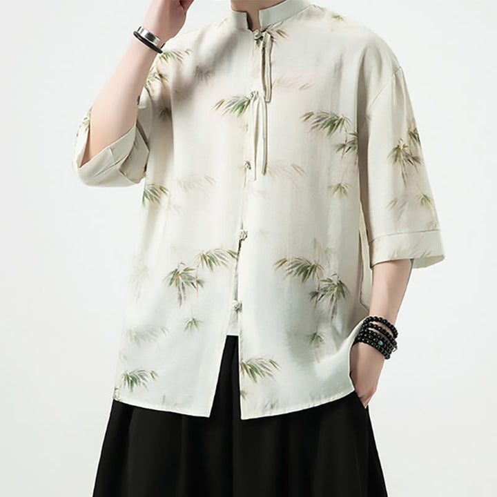 T-shirt à manches courtes pour homme avec imprimé feuilles de bambou vertes et jaunes et Buddha Stones