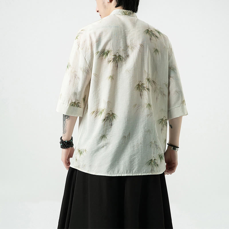 T-shirt à manches courtes pour homme avec imprimé feuilles de bambou vertes et jaunes et Buddha Stones
