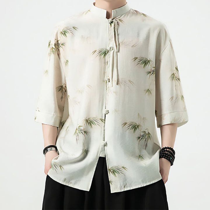 T-shirt à manches courtes pour homme avec imprimé feuilles de bambou vertes et jaunes et Buddha Stones