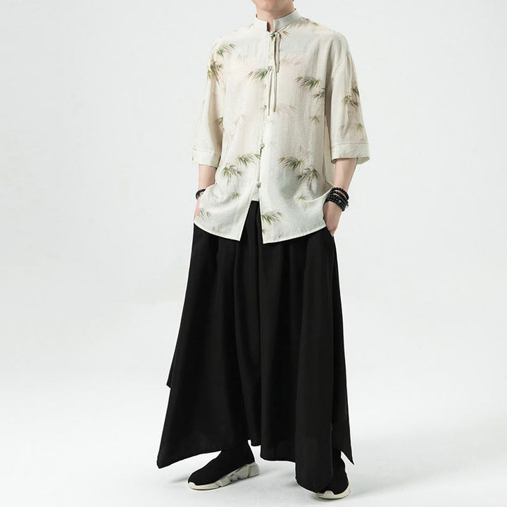 T-shirt à manches courtes pour homme avec imprimé feuilles de bambou vertes et jaunes et Buddha Stones