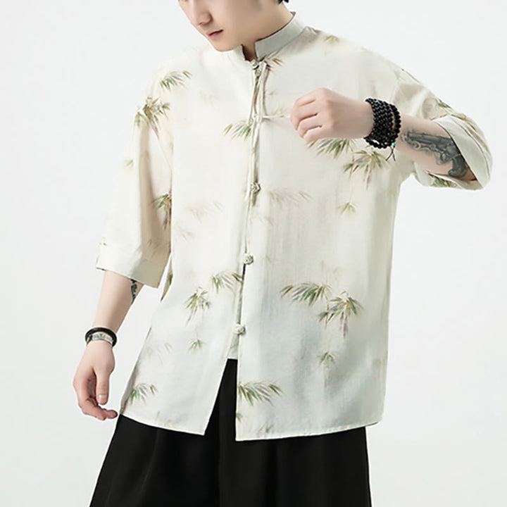 T-shirt à manches courtes pour homme avec imprimé feuilles de bambou vertes et jaunes et Buddha Stones