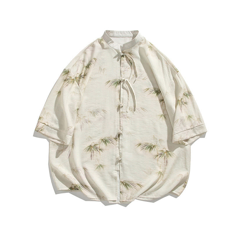 T-shirt à manches courtes pour homme avec imprimé feuilles de bambou vertes et jaunes et Buddha Stones