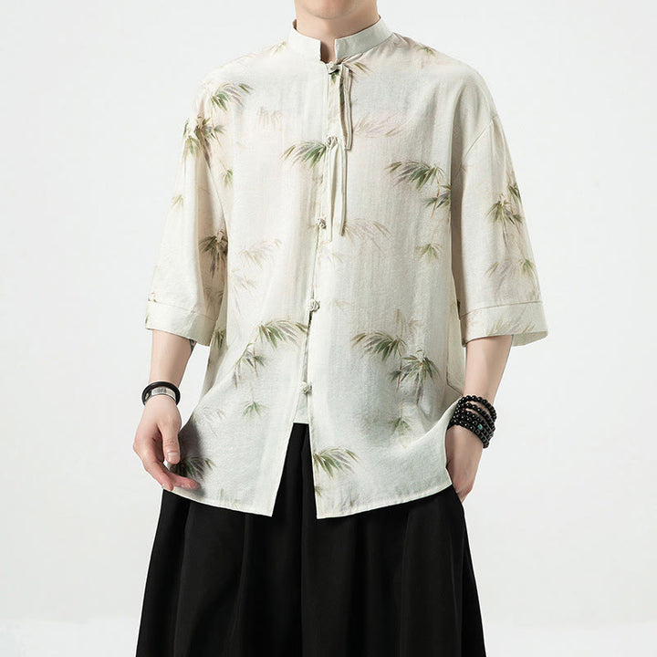 T-shirt à manches courtes pour homme avec imprimé feuilles de bambou vertes et jaunes et Buddha Stones