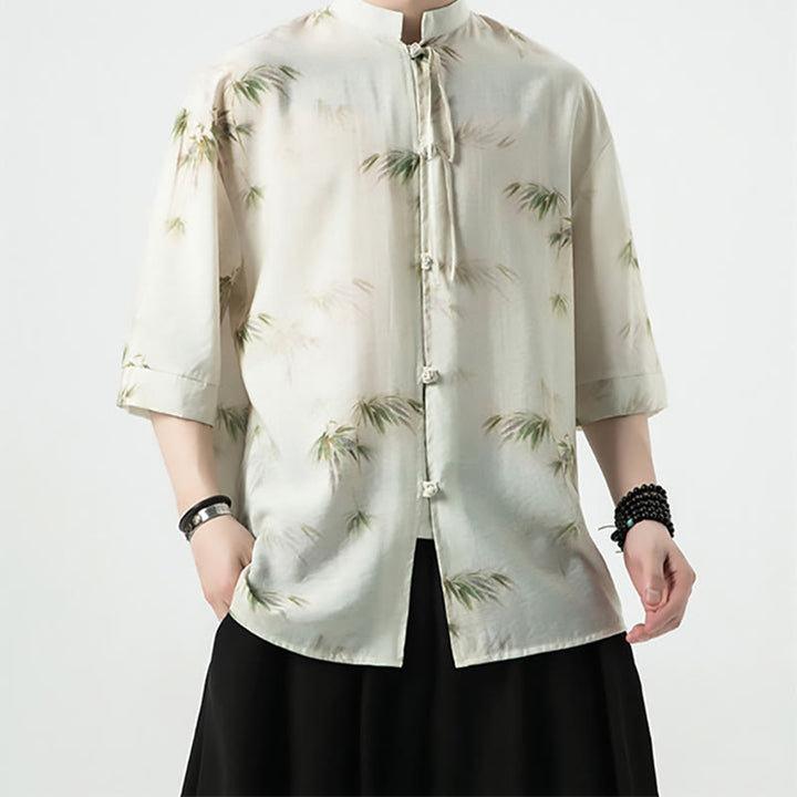 T-shirt à manches courtes pour homme avec imprimé feuilles de bambou vertes et jaunes et Buddha Stones