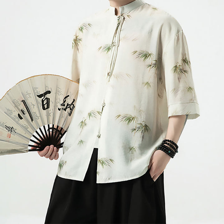 T-shirt à manches courtes pour homme avec imprimé feuilles de bambou vertes et jaunes et Buddha Stones