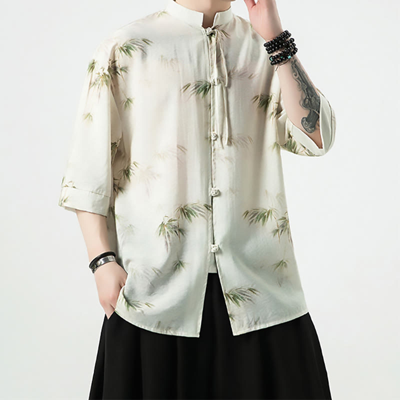 T-shirt à manches courtes pour homme avec imprimé feuilles de bambou vertes et jaunes et Buddha Stones