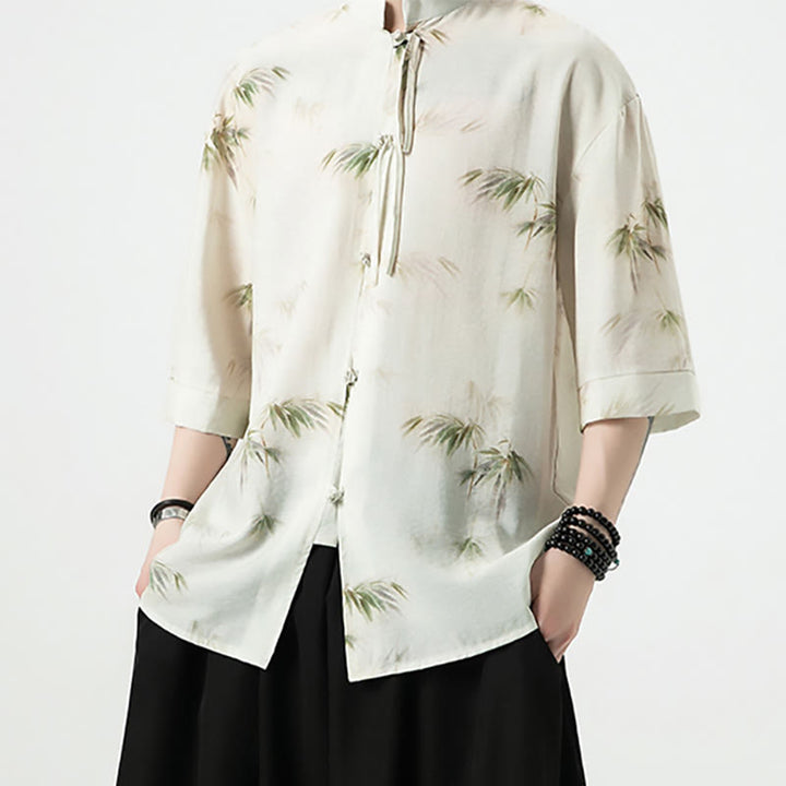 T-shirt à manches courtes pour homme avec imprimé feuilles de bambou vertes et jaunes et Buddha Stones