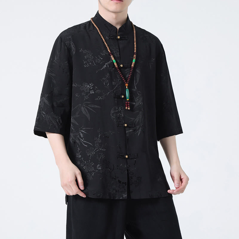 T-shirt à manches courtes pour homme avec boutons de grenouille et Buddha Stones de pêcher et feuilles de bambou