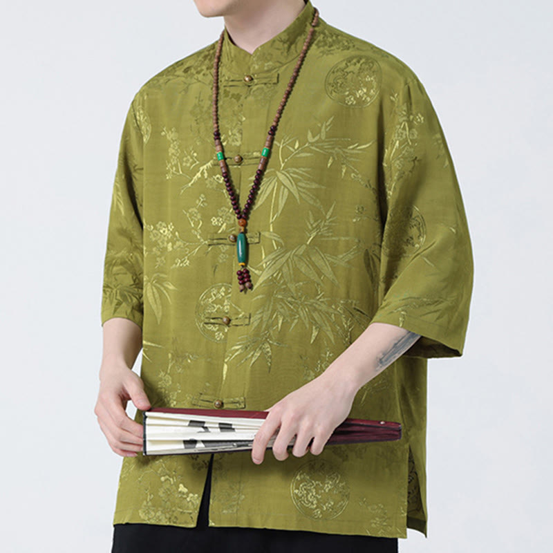 T-shirt à manches courtes pour homme avec boutons de grenouille et Buddha Stones de pêcher et feuilles de bambou