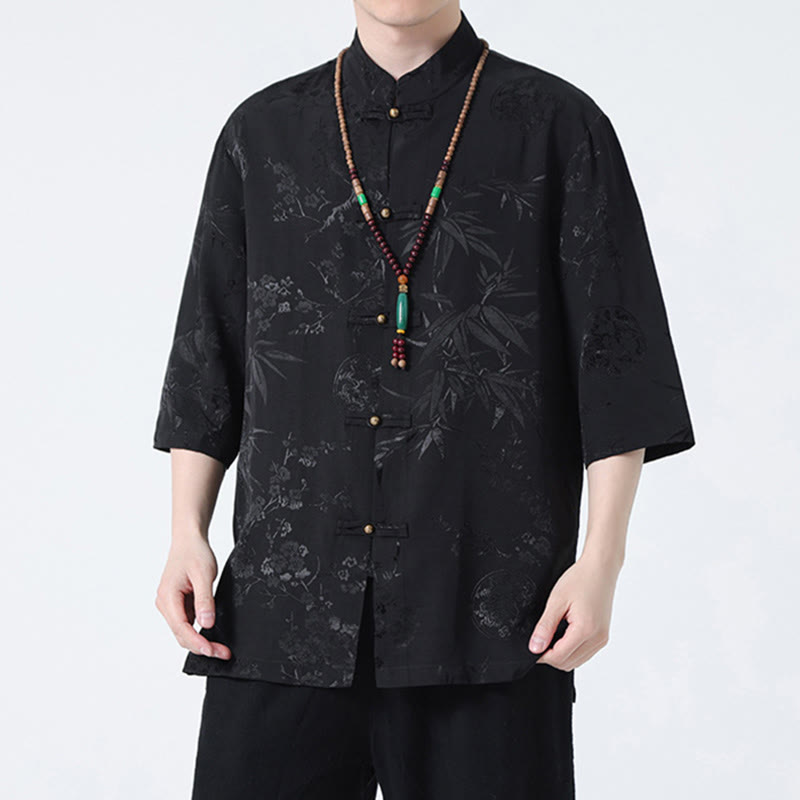T-shirt à manches courtes pour homme avec boutons de grenouille et Buddha Stones de pêcher et feuilles de bambou