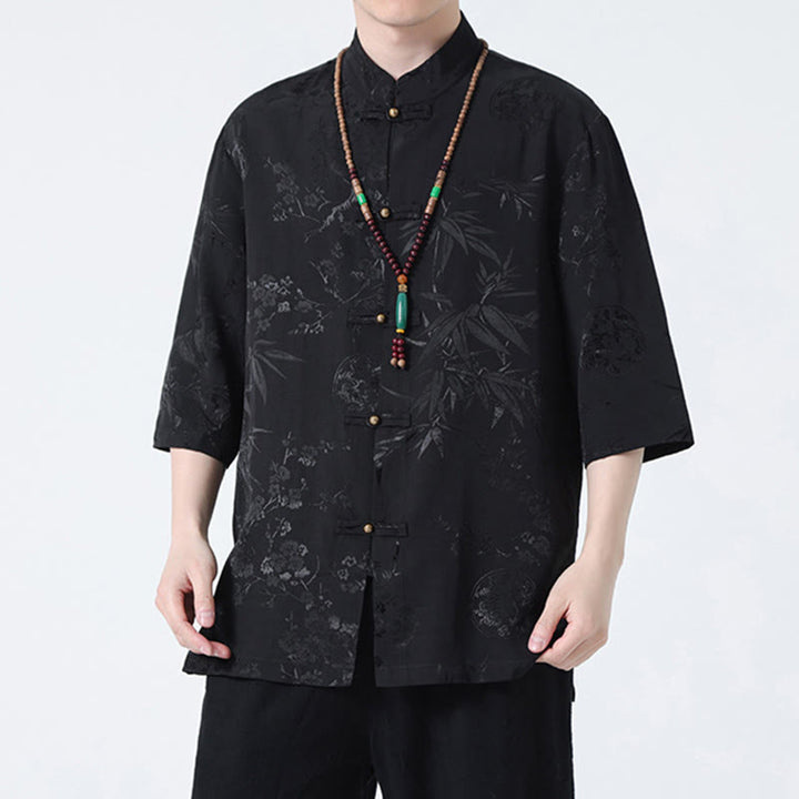 T-shirt à manches courtes pour homme avec boutons de grenouille et Buddha Stones de pêcher et feuilles de bambou