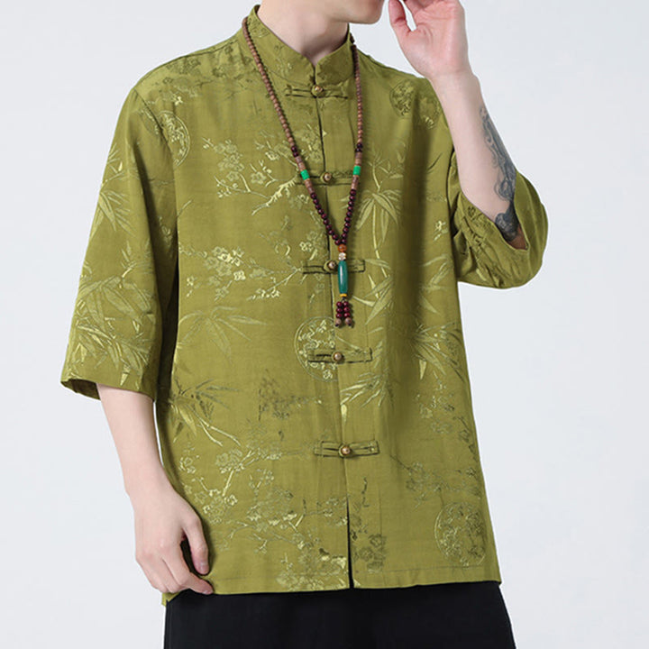 T-shirt à manches courtes pour homme avec boutons de grenouille et Buddha Stones de pêcher et feuilles de bambou