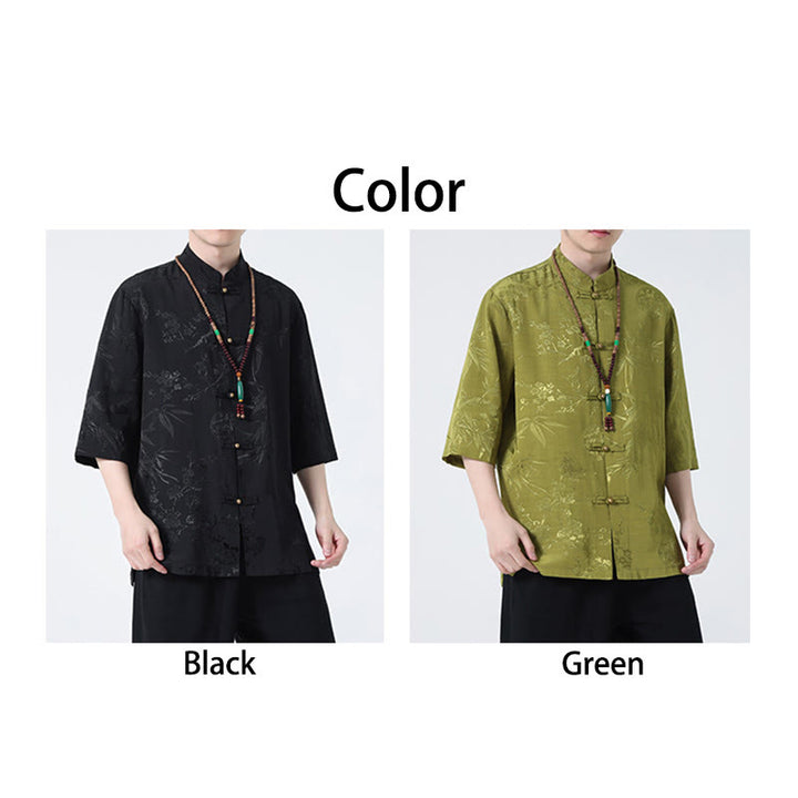 T-shirt à manches courtes pour homme avec boutons de grenouille et Buddha Stones de pêcher et feuilles de bambou