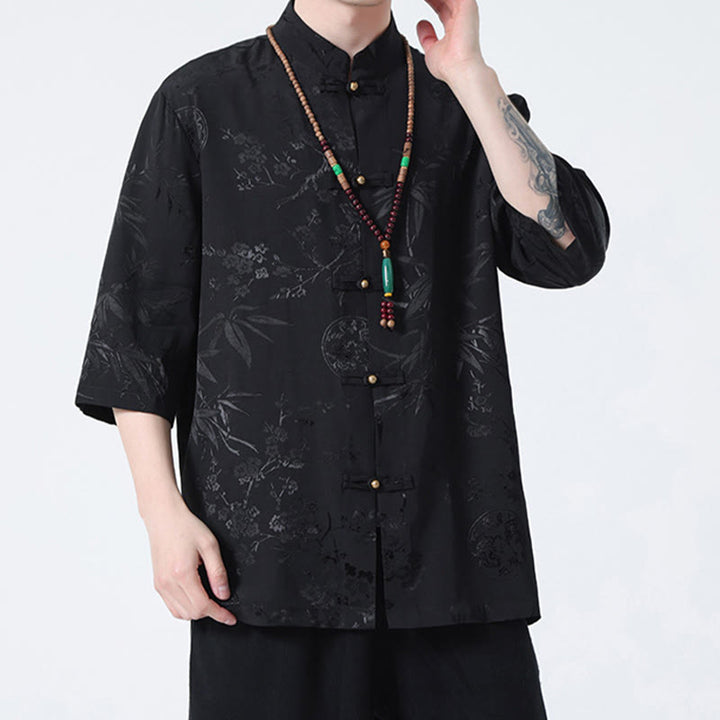 T-shirt à manches courtes pour homme avec boutons de grenouille et Buddha Stones de pêcher et feuilles de bambou