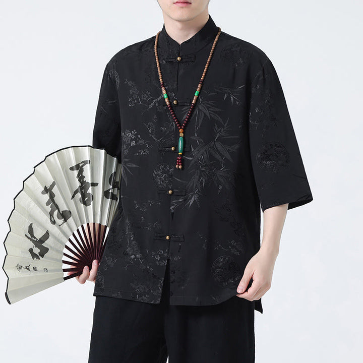 T-shirt à manches courtes pour homme avec boutons de grenouille et Buddha Stones de pêcher et feuilles de bambou