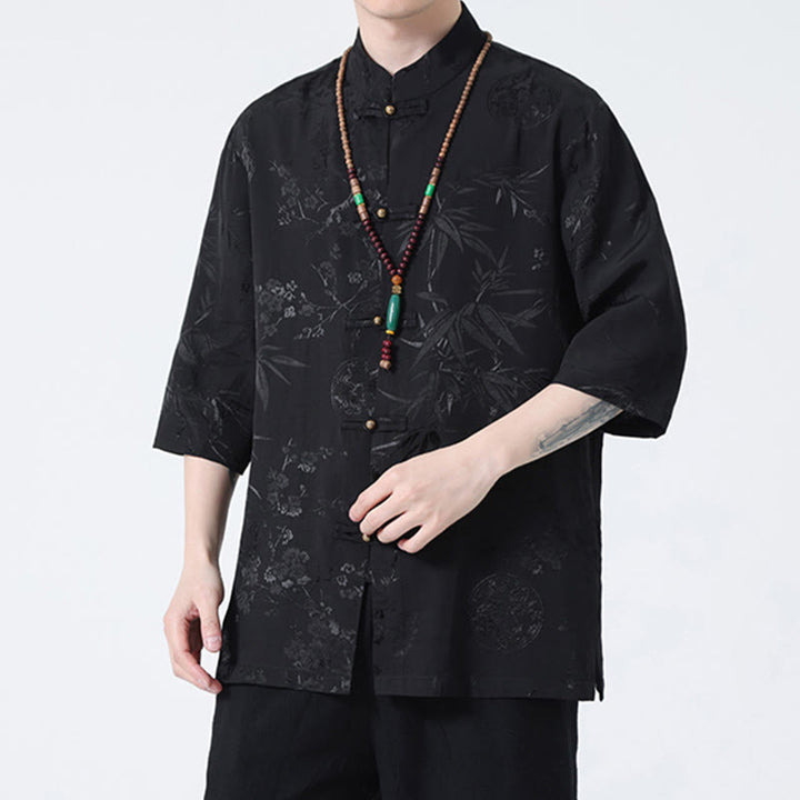 T-shirt à manches courtes pour homme avec boutons de grenouille et Buddha Stones de pêcher et feuilles de bambou