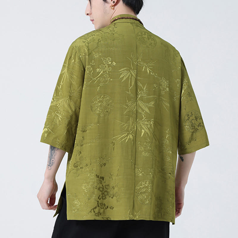 T-shirt à manches courtes pour homme avec boutons de grenouille et Buddha Stones de pêcher et feuilles de bambou