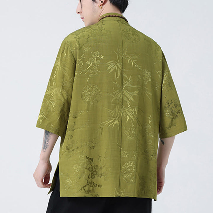 T-shirt à manches courtes pour homme avec boutons de grenouille et Buddha Stones de pêcher et feuilles de bambou