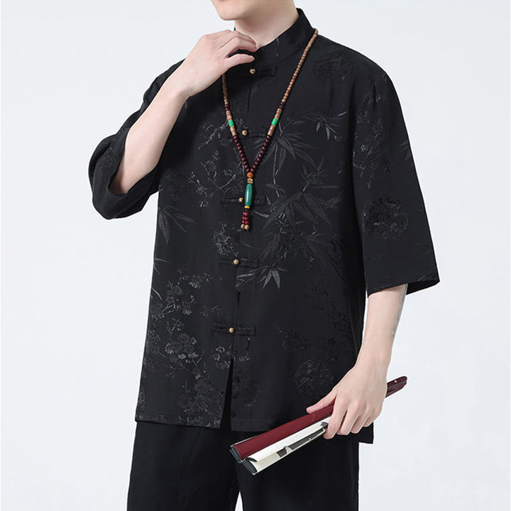 T-shirt à manches courtes pour homme avec boutons de grenouille et Buddha Stones de pêcher et feuilles de bambou