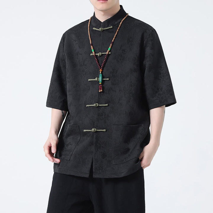 T-shirt à manches courtes et boutons de grenouille en jacquard de couleur unie Buddha Stones pour hommes
