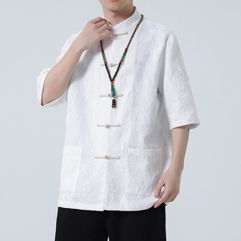 T-shirt à manches courtes et boutons de grenouille en jacquard de couleur unie Buddha Stones pour hommes