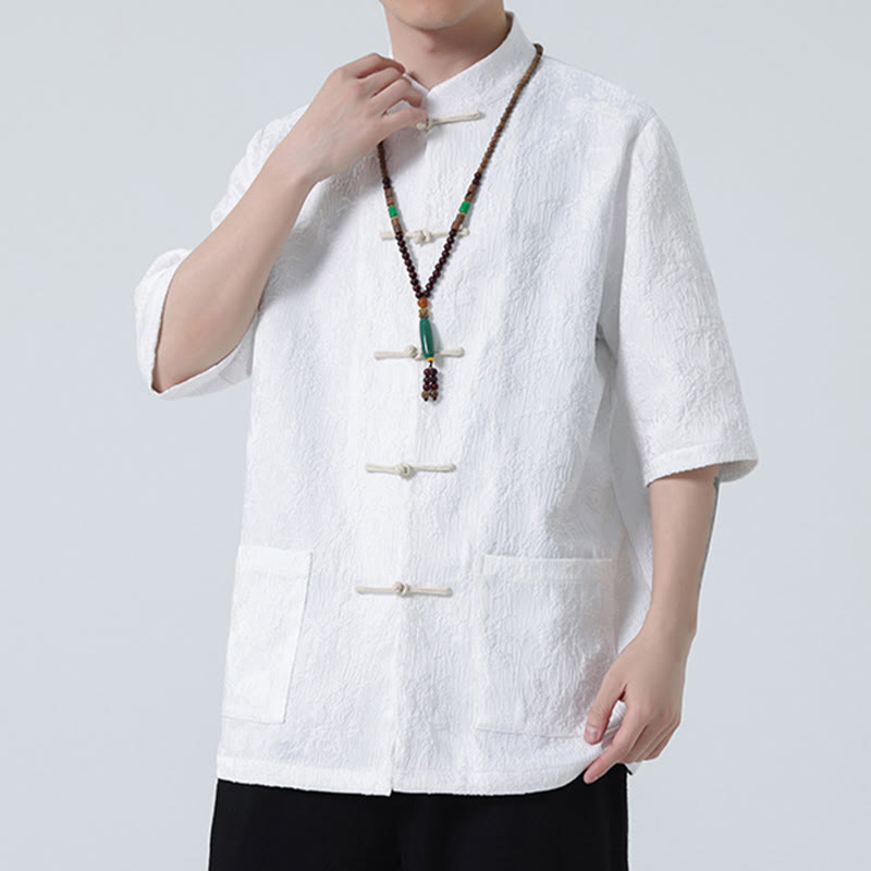 T-shirt à manches courtes et boutons de grenouille en jacquard de couleur unie Buddha Stones pour hommes