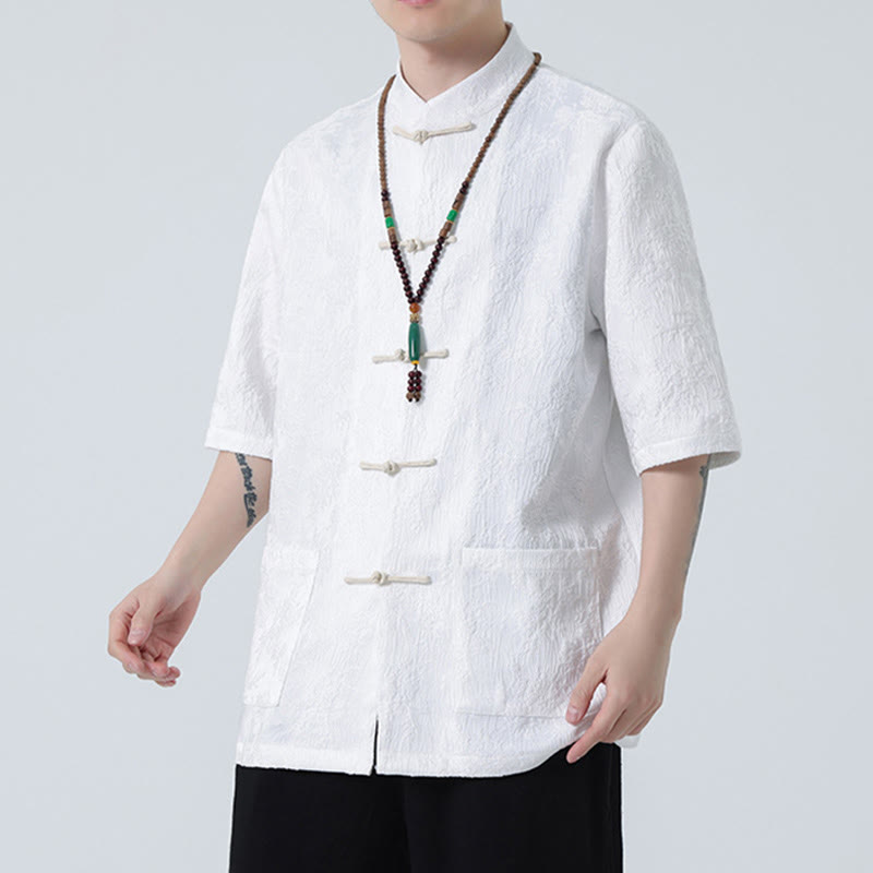 T-shirt à manches courtes et boutons de grenouille en jacquard de couleur unie Buddha Stones pour hommes