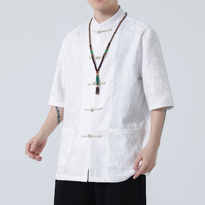 T-shirt à manches courtes et boutons de grenouille en jacquard de couleur unie Buddha Stones pour hommes