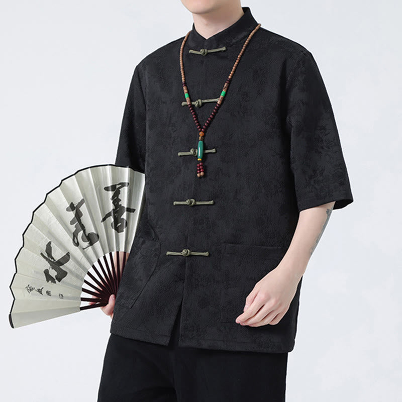 T-shirt à manches courtes et boutons de grenouille en jacquard de couleur unie Buddha Stones pour hommes