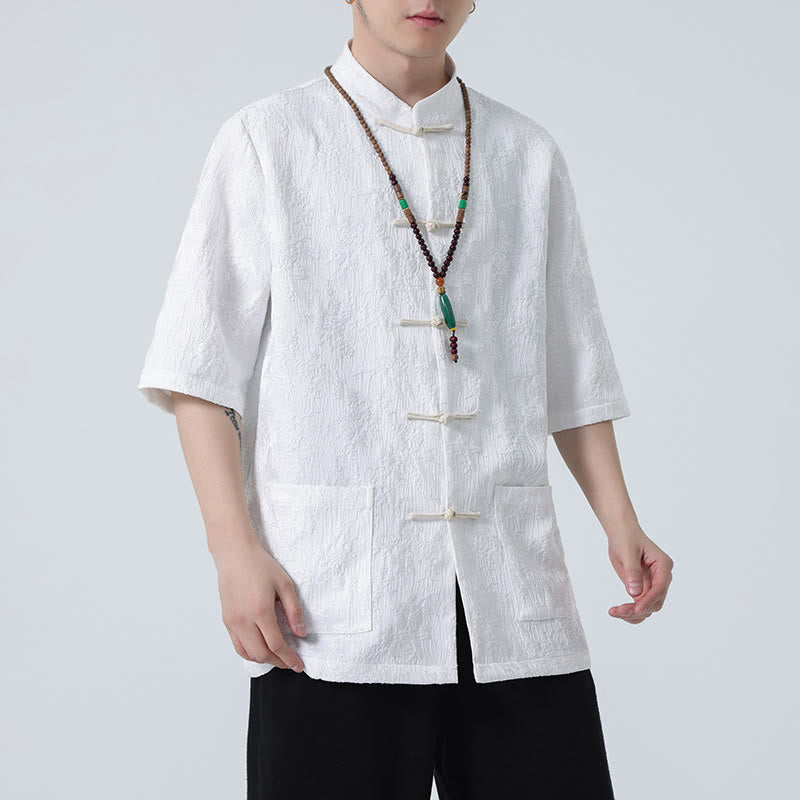 T-shirt à manches courtes et boutons de grenouille en jacquard de couleur unie Buddha Stones pour hommes