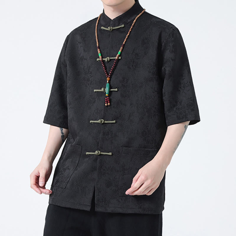 T-shirt à manches courtes et boutons de grenouille en jacquard de couleur unie Buddha Stones pour hommes