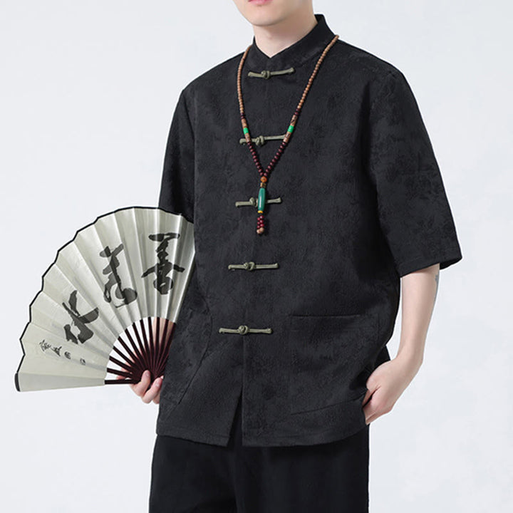 T-shirt à manches courtes et boutons de grenouille en jacquard de couleur unie Buddha Stones pour hommes