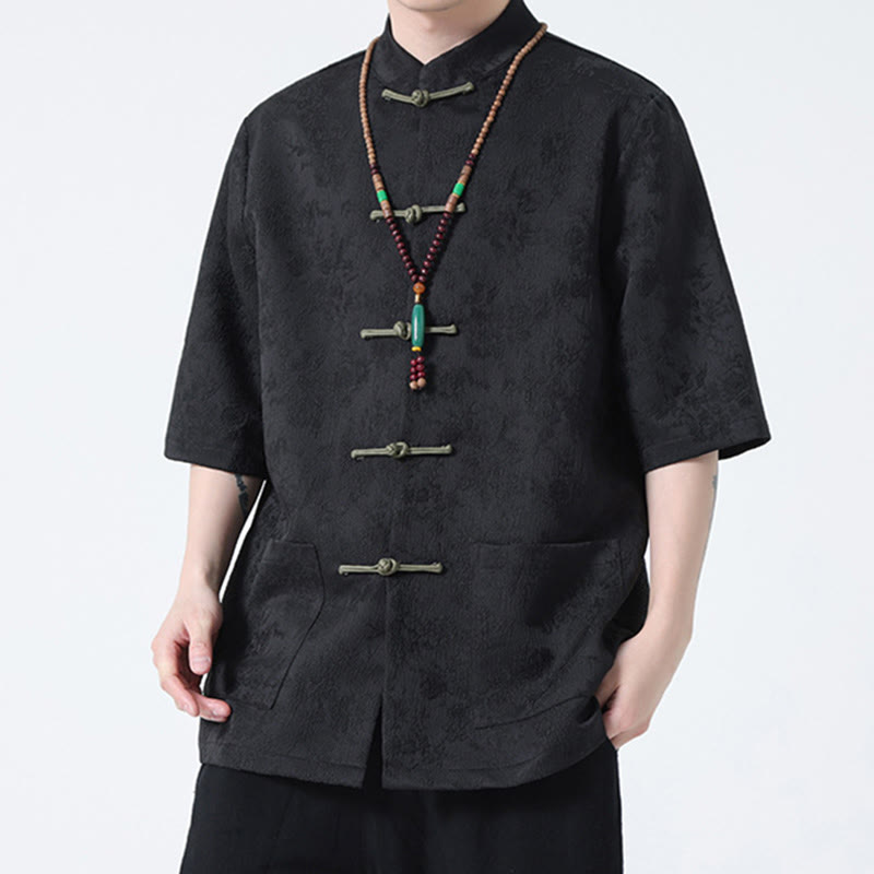 T-shirt à manches courtes et boutons de grenouille en jacquard de couleur unie Buddha Stones pour hommes