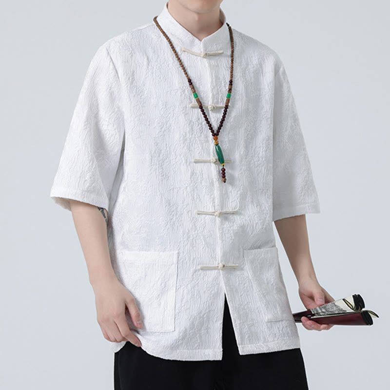T-shirt à manches courtes et boutons de grenouille en jacquard de couleur unie Buddha Stones pour hommes