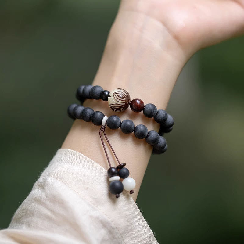 Bracelet de guérison tibétain double couche en Buddha Stones en cyprès Bodhi Lotus