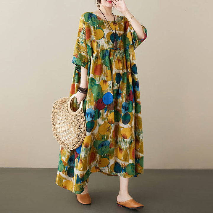 Robe mi-longue à pois colorés orange vert Buddha Stones Robe tunique en coton à manches mi-longues avec poches - image 10