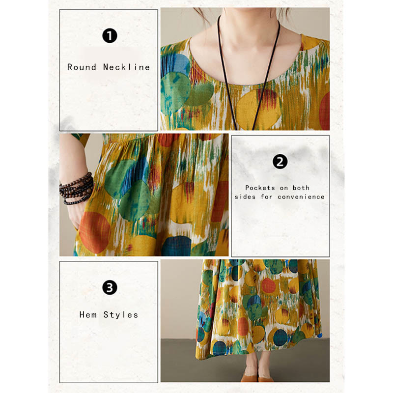 Robe mi-longue à pois colorés orange vert Buddha Stones Robe tunique en coton à manches mi-longues avec poches - image 18