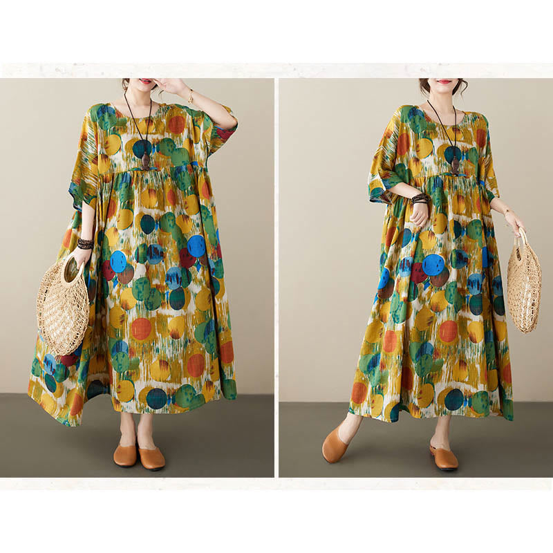 Robe mi-longue à pois colorés orange vert Buddha Stones Robe tunique en coton à manches mi-longues avec poches - image 16