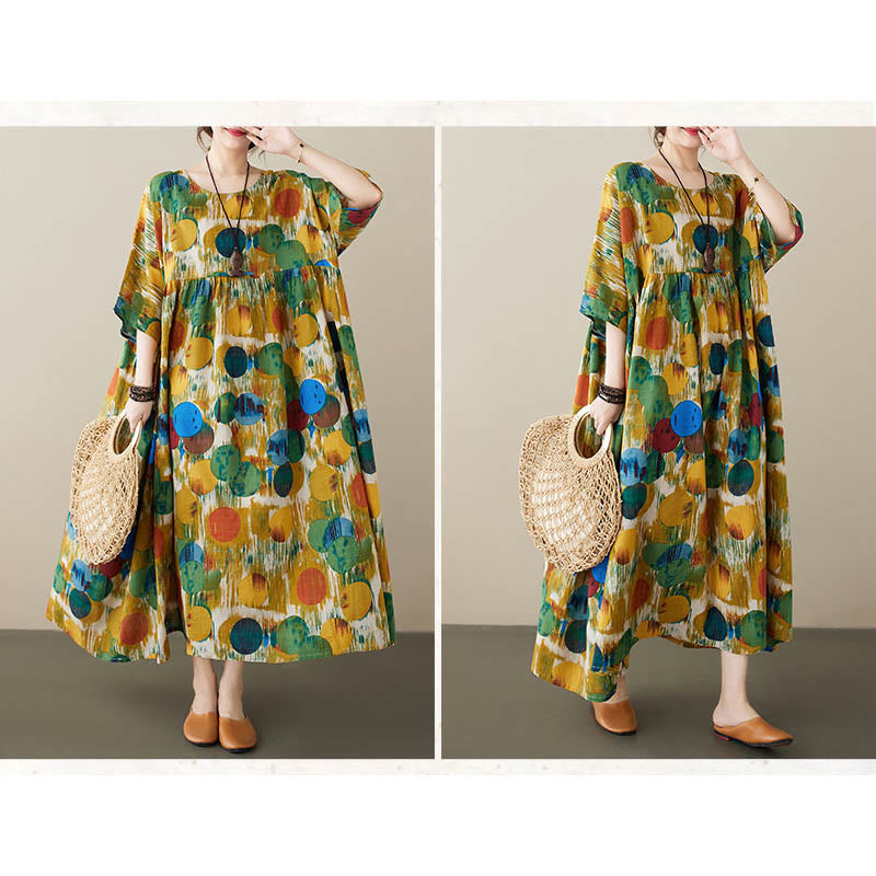 Robe mi-longue à pois colorés orange vert Buddha Stones Robe tunique en coton à manches mi-longues avec poches - image 17