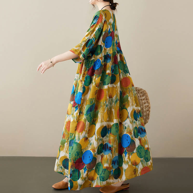 Robe mi-longue à pois colorés orange vert Buddha Stones Robe tunique en coton à manches mi-longues avec poches - image 12