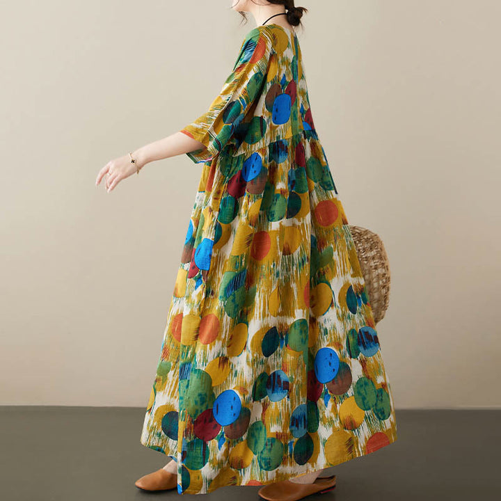 Robe mi-longue à pois colorés orange vert Buddha Stones Robe tunique en coton à manches mi-longues avec poches - image 12