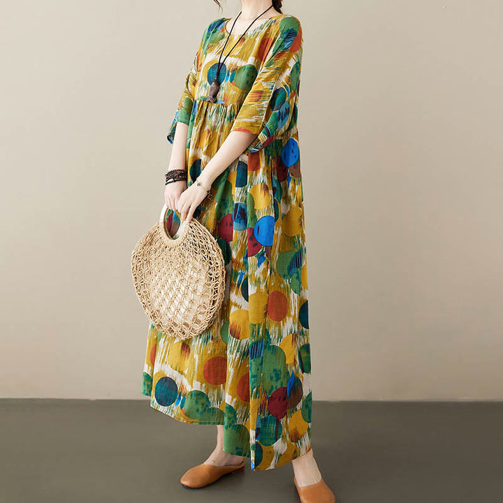 Robe mi-longue à pois colorés orange vert Buddha Stones Robe tunique en coton à manches mi-longues avec poches - Vert (Robe seulement) - F (Tour de poitrine 142 cm / Ourlet 130 cm / Longueur 120 cm) - image 11