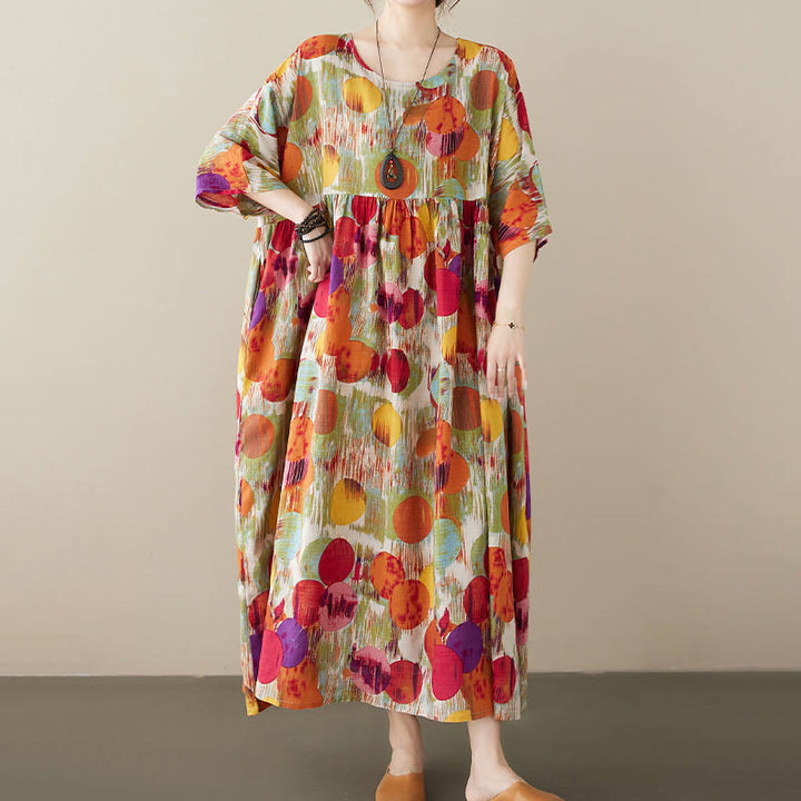 Robe mi-longue à pois colorés orange vert Buddha Stones Robe tunique en coton à manches mi-longues avec poches - image 2