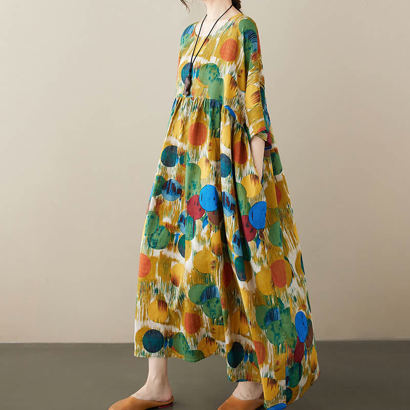 Robe mi-longue à pois colorés orange vert Buddha Stones Robe tunique en coton à manches mi-longues avec poches - image 13