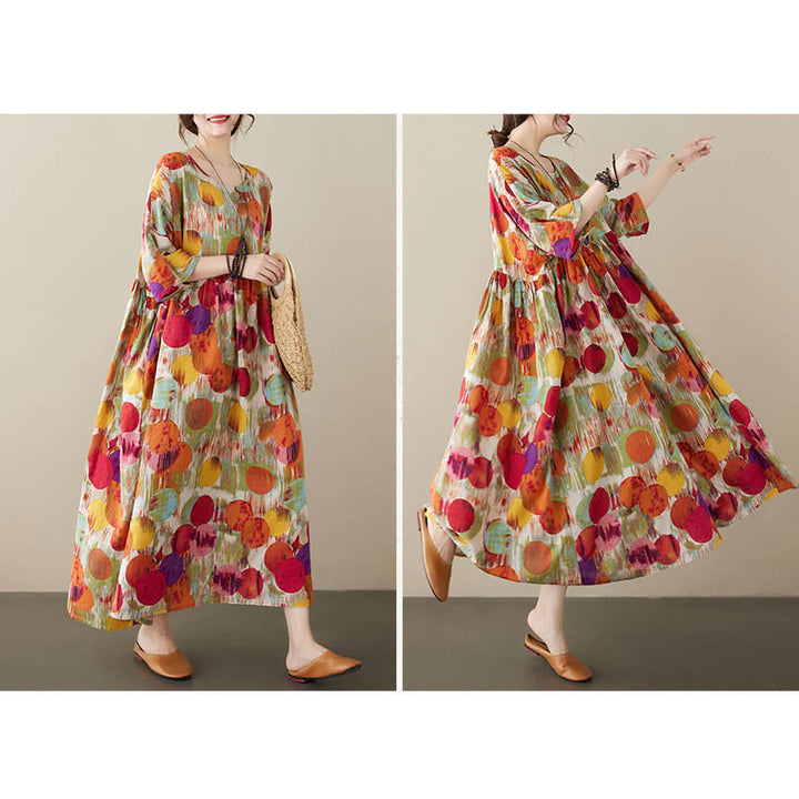 Robe mi-longue à pois colorés orange vert Buddha Stones Robe tunique en coton à manches mi-longues avec poches - image 9