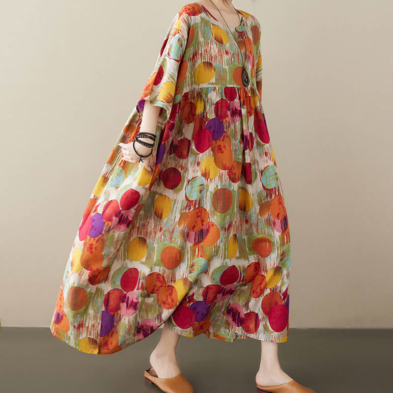 Robe mi-longue à pois colorés orange vert Buddha Stones Robe tunique en coton à manches mi-longues avec poches - image 4