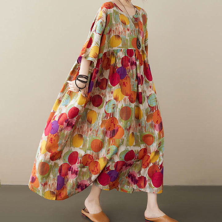 Robe mi-longue à pois colorés orange vert Buddha Stones Robe tunique en coton à manches mi-longues avec poches - image 4