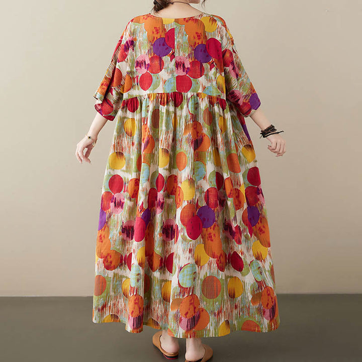 Robe mi-longue à pois colorés orange vert Buddha Stones Robe tunique en coton à manches mi-longues avec poches - image 7